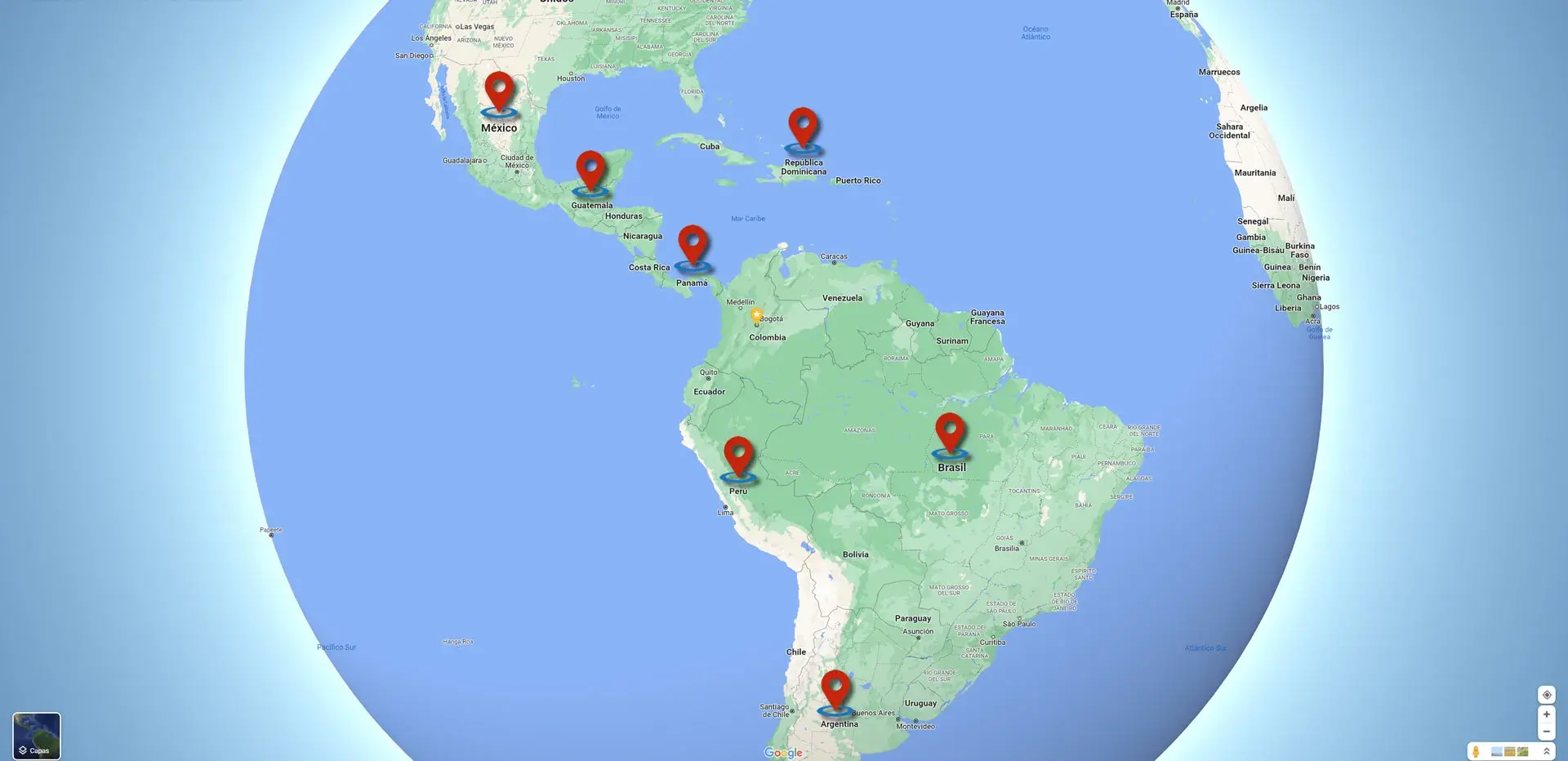 Mapa de américa indicando los países en los que Antorami ha prestado servicios